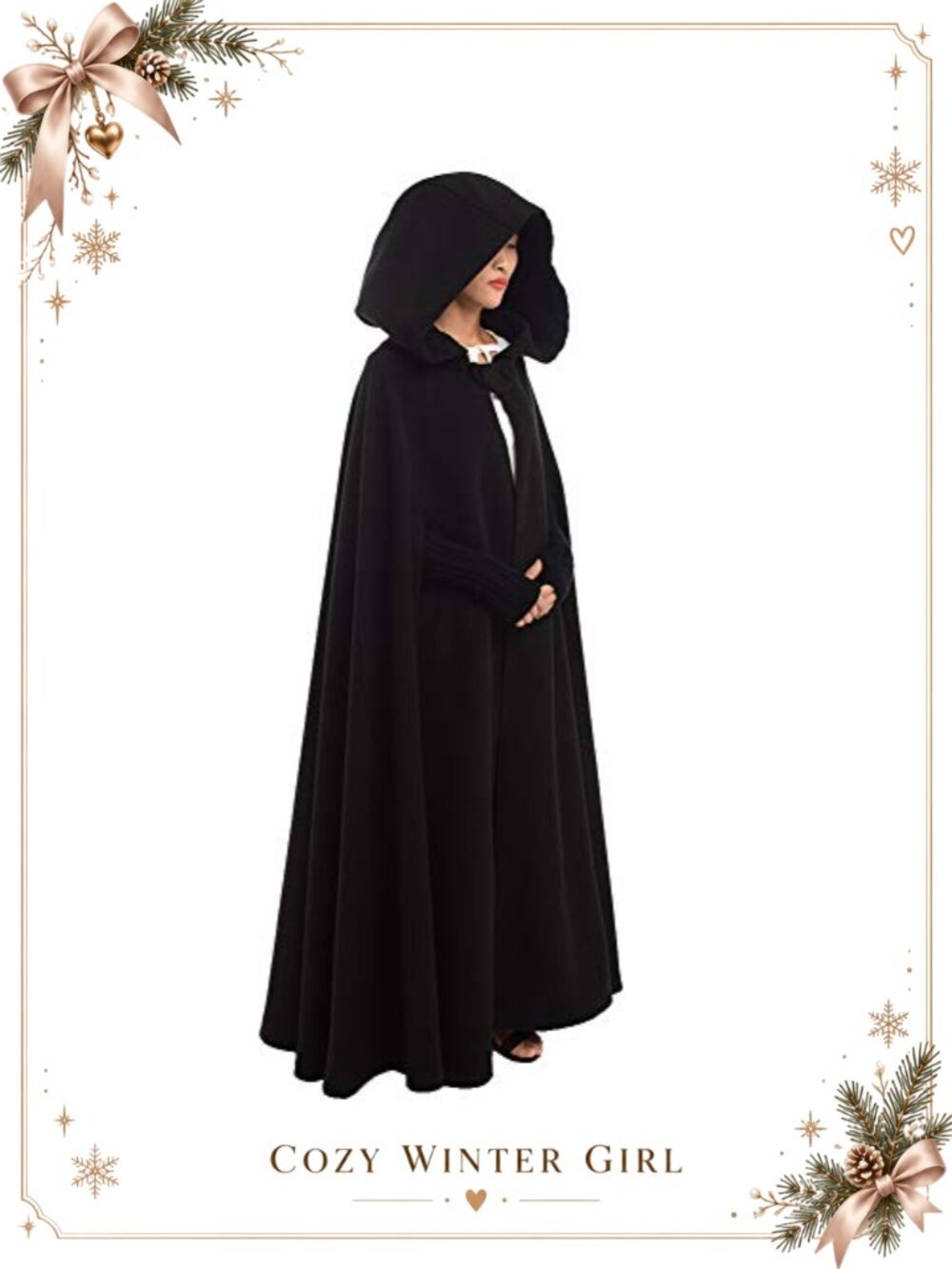 Wool Blend Hooded Cape Cloak Poncho Coat with Armwarmers Medieval Renaissance